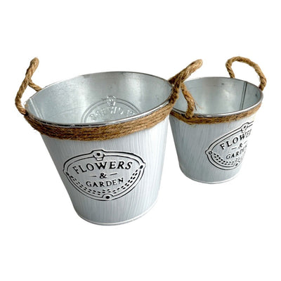 Ghiveci rotund din metal cu mânere din iută model Flowers and Garden - CraftUp