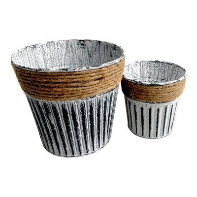 Ghiveci rotund din metal cu sfoară iută model vintage - alb - CraftUp