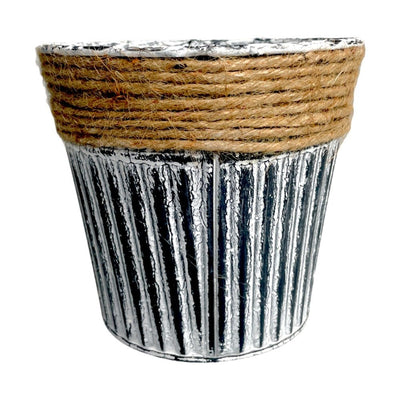 Ghiveci rotund din metal cu sfoară iută model vintage - alb - CraftUp