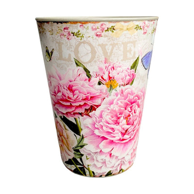 Ghiveci rotund din plastic model flori roz 13x16cm - CraftUp