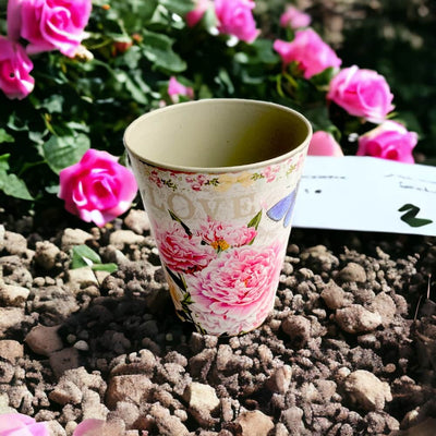 Ghiveci rotund din plastic model flori roz 13x16cm - CraftUp