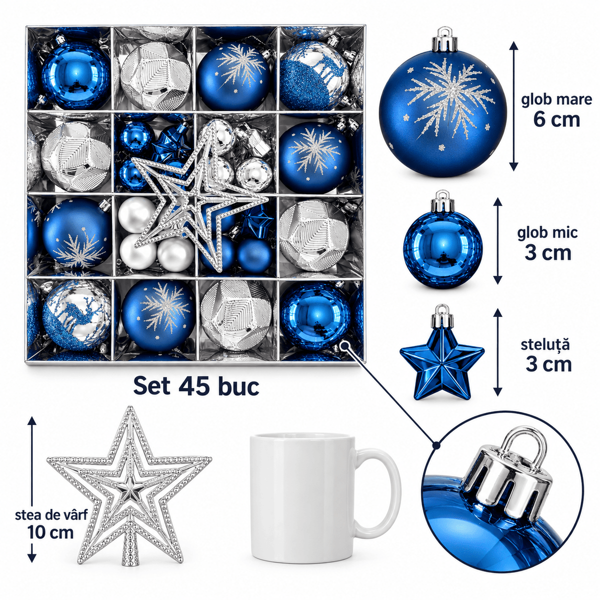 Globuri de Crăciun și ornamente de brad - albastru și argintiu (set 45 buc) - CraftUp