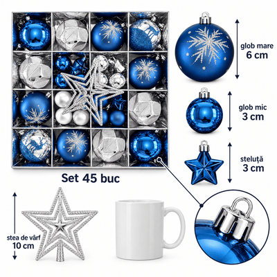Globuri de Crăciun și ornamente de brad - albastru și argintiu (set 45 buc) - CraftUp