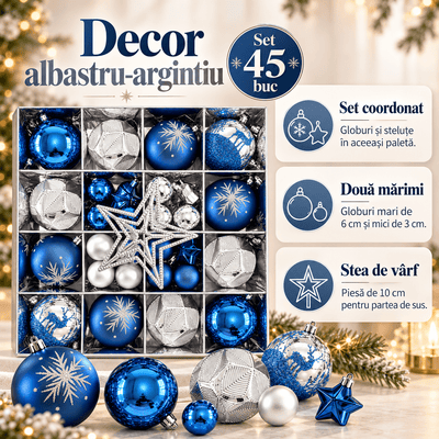 Globuri de Crăciun și ornamente de brad - albastru și argintiu (set 45 buc) - CraftUp