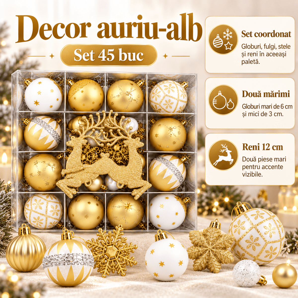 Globuri de Crăciun și ornamente de brad - auriu și alb (set 45 buc) - CraftUp