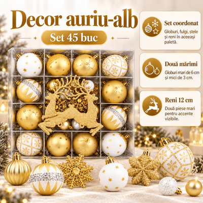 Globuri de Crăciun și ornamente de brad - auriu și alb (set 45 buc) - CraftUp