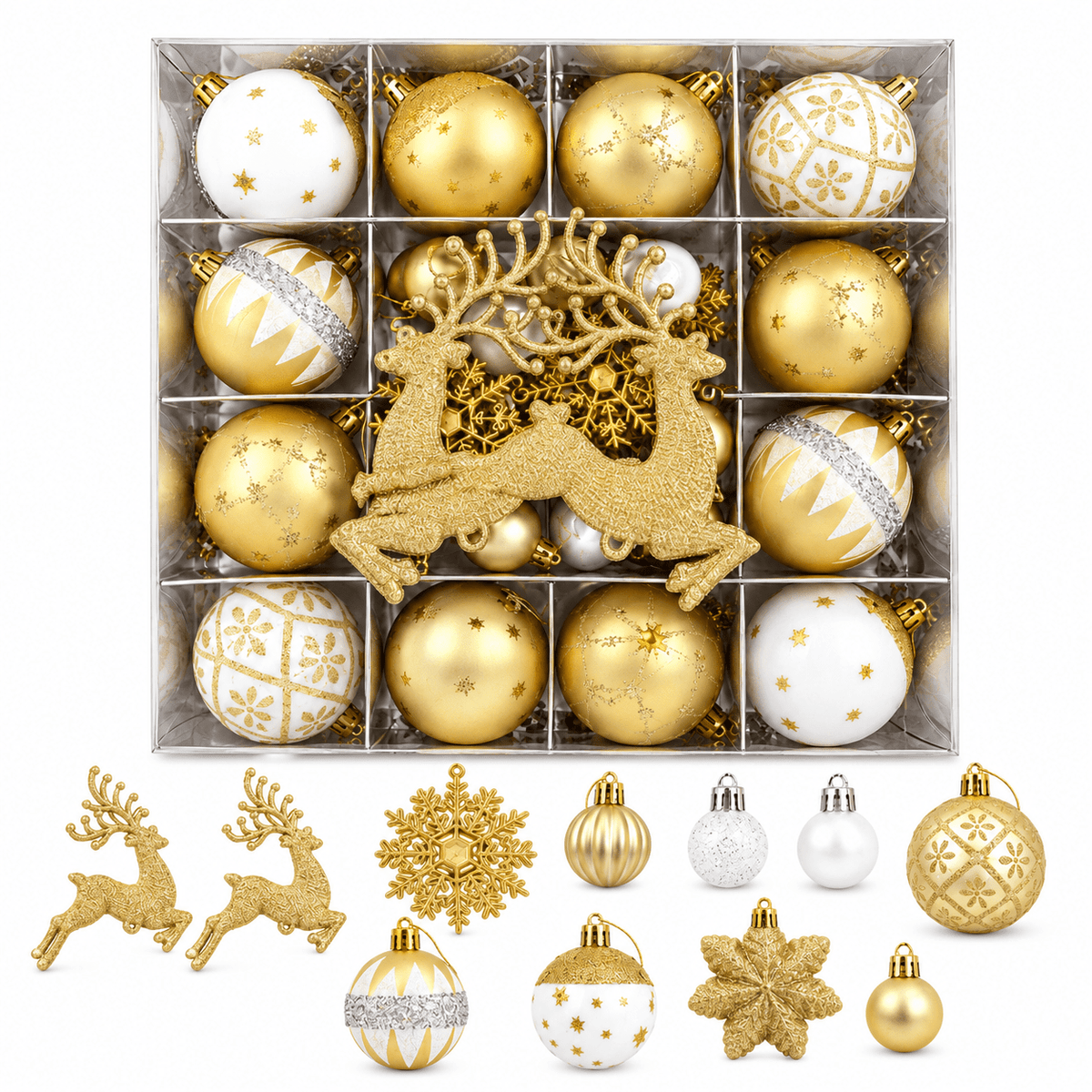 Globuri de Crăciun și ornamente de brad - auriu și alb (set 45 buc) - CraftUp