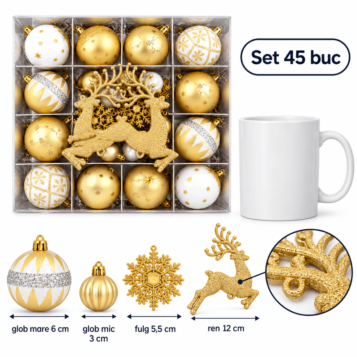 Globuri de Crăciun și ornamente de brad - auriu și alb (set 45 buc) - CraftUp