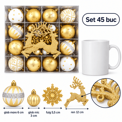 Globuri de Crăciun și ornamente de brad - auriu și alb (set 45 buc) - CraftUp