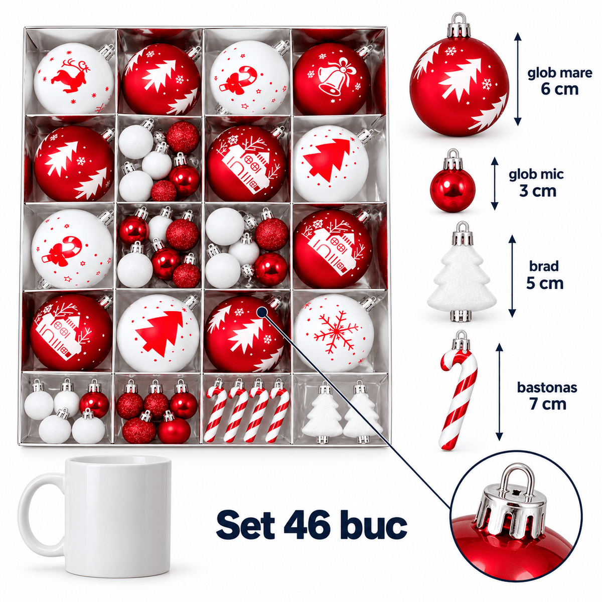 Globuri de Crăciun și ornamente de brad - roșu și alb (set 46 buc) - CraftUp