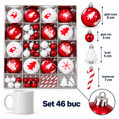 Globuri de Crăciun și ornamente de brad - roșu și alb (set 46 buc) - CraftUp