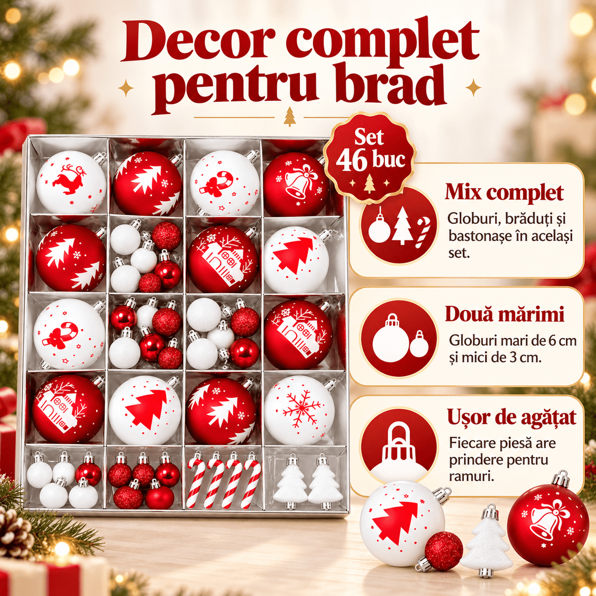 Globuri de Crăciun și ornamente de brad - roșu și alb (set 46 buc) - CraftUp