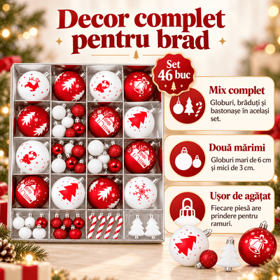 Globuri de Crăciun și ornamente de brad - roșu și alb (set 46 buc) - CraftUp