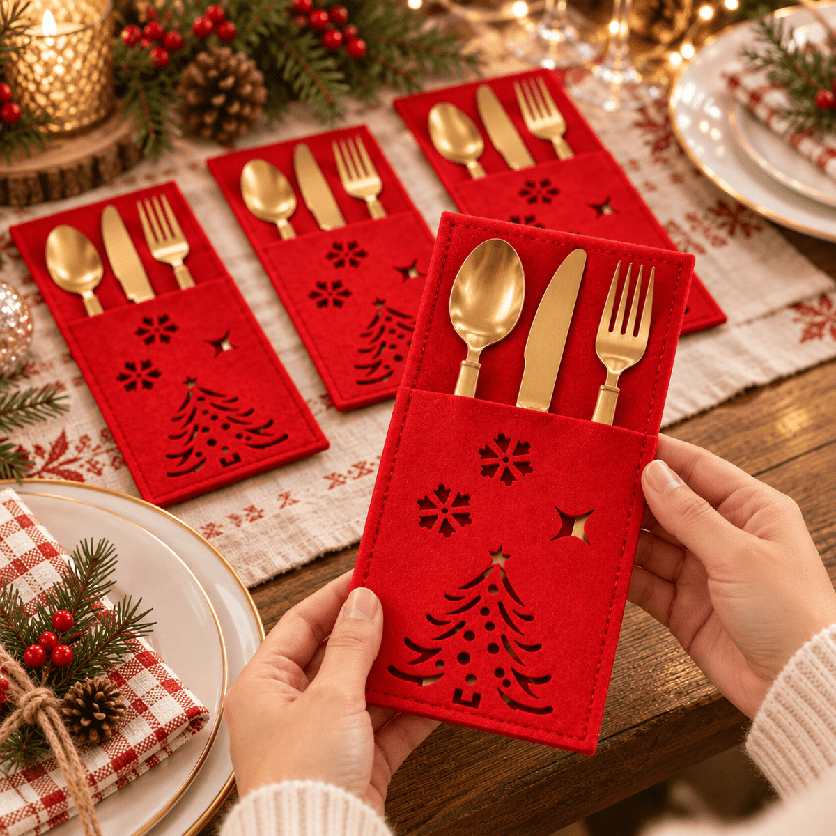 Huse decorative pentru tacâmuri de Crăciun - roșu (set 4 buc) - CraftUp