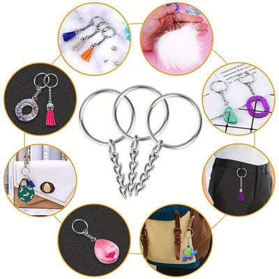 Inele breloc argintii 3cm cu lanț (set 200 buc) - CraftUp