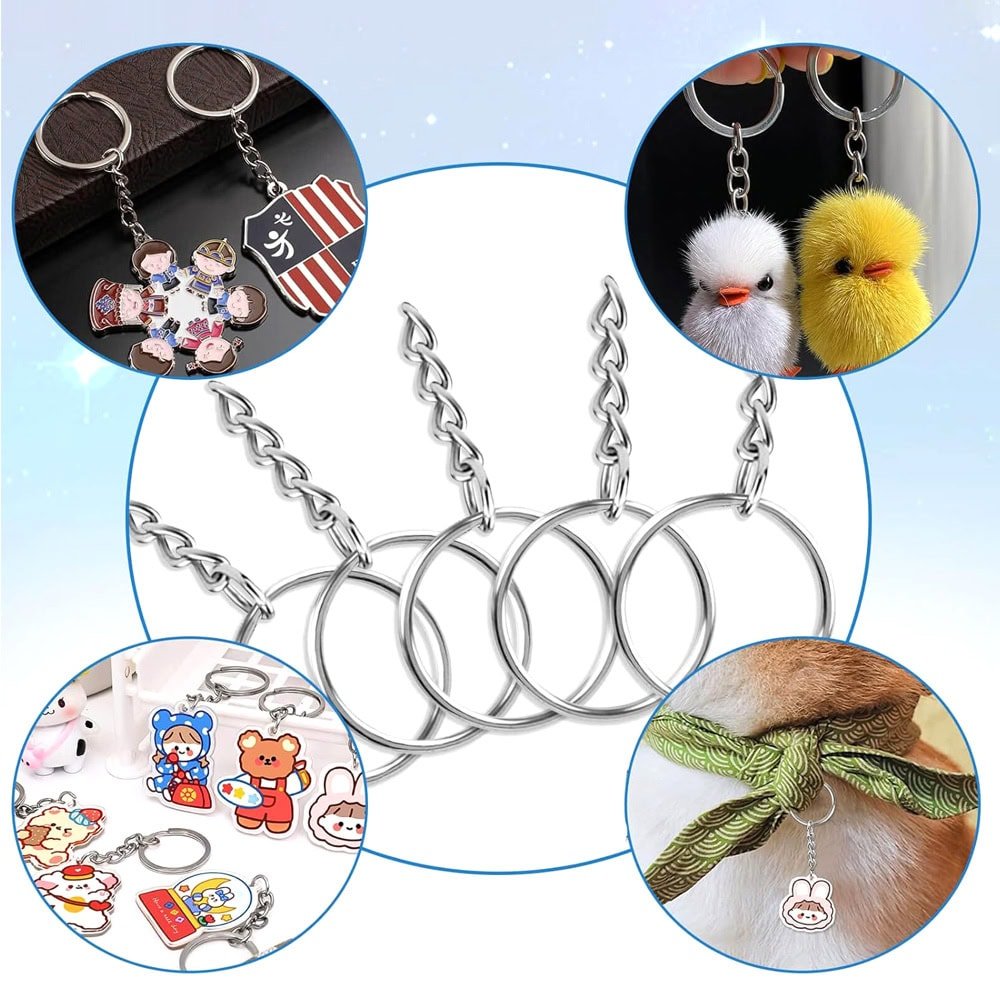 Inele breloc argintii 3cm cu lanț (set 200 buc) - CraftUp