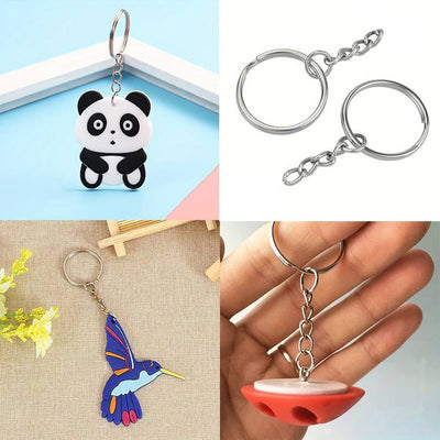 Inele breloc argintii 3cm cu lanț (set 200 buc) - CraftUp