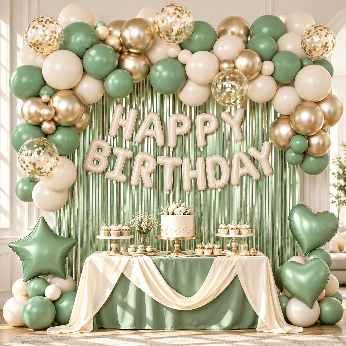 Kit arcadă baloane cu perdea și litere Happy Birthday - verde - CraftUp