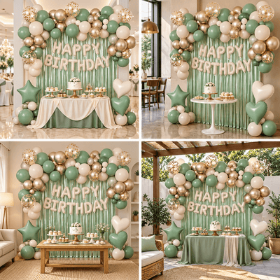 Kit arcadă baloane cu perdea și litere Happy Birthday - verde - CraftUp