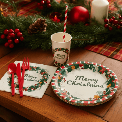 Kit de Petrecere "Merry Christmas" - Farfurii, Pahare, Tacâmuri și Șervețele - CraftUp