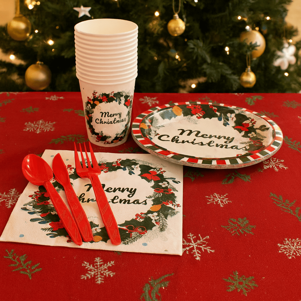 Kit de Petrecere "Merry Christmas" - Farfurii, Pahare, Tacâmuri și Șervețele - CraftUp