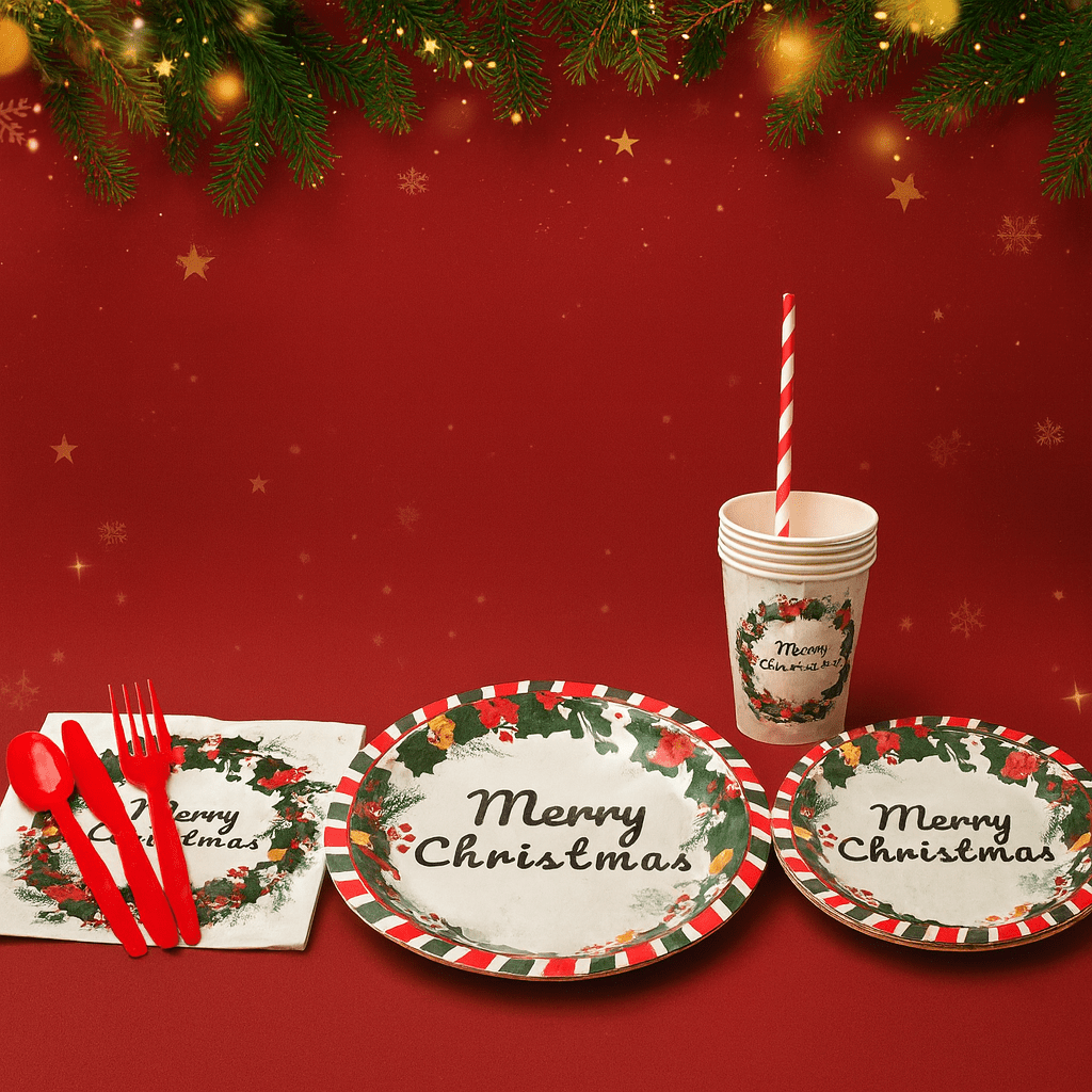 Kit de Petrecere "Merry Christmas" - Farfurii, Pahare, Tacâmuri și Șervețele - CraftUp