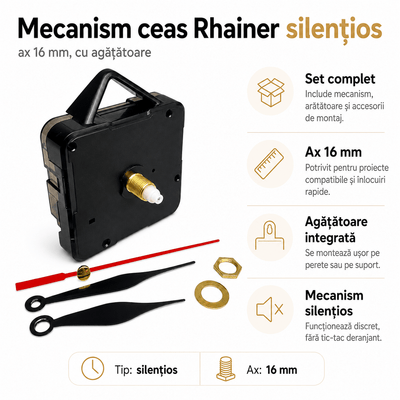 Mecanism ceas Rhainer silențios ax 16mm cu agățătoare - CraftUp