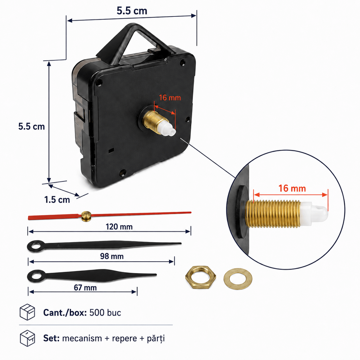 Mecanism ceas Rhainer tic-tac ax 16mm cu agățătoare - CraftUp