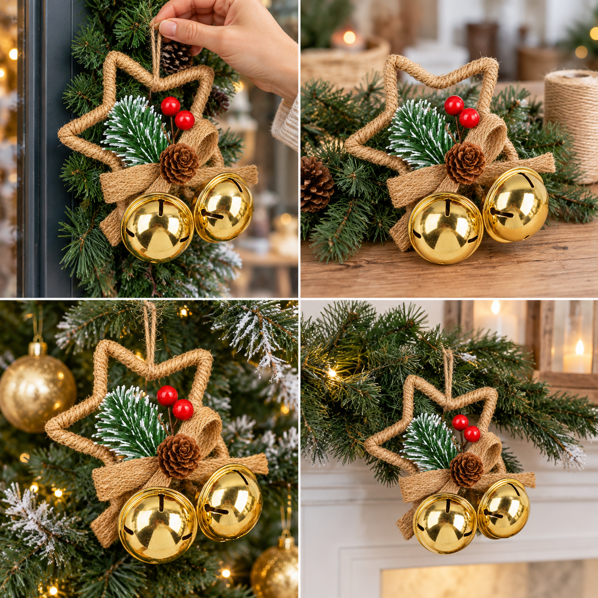 Ornament Crăciun stea din iută cu clopoței - auriu - CraftUp