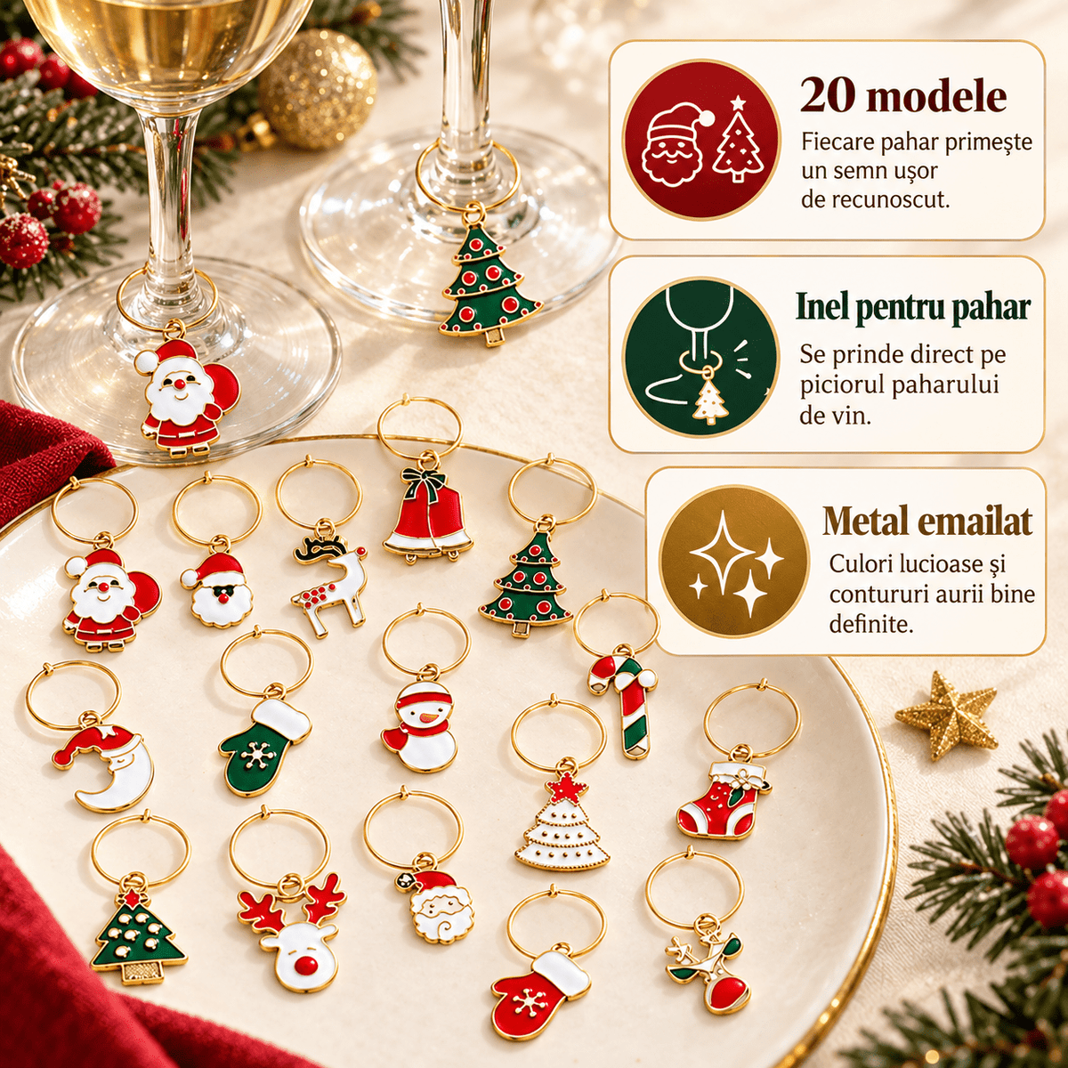 Pandantive pentru pahare de Crăciun - mix 20 modele (set 20 buc) - CraftUp