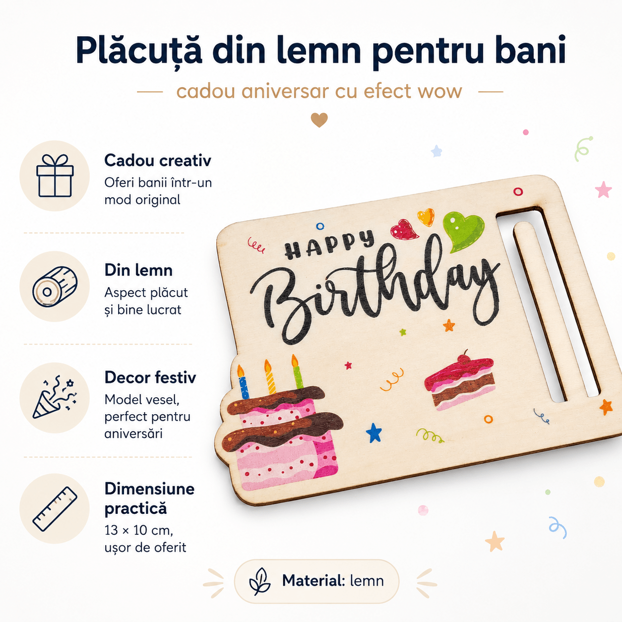 Plăcuță din lemn pentru bani Happy Birthday - CraftUp