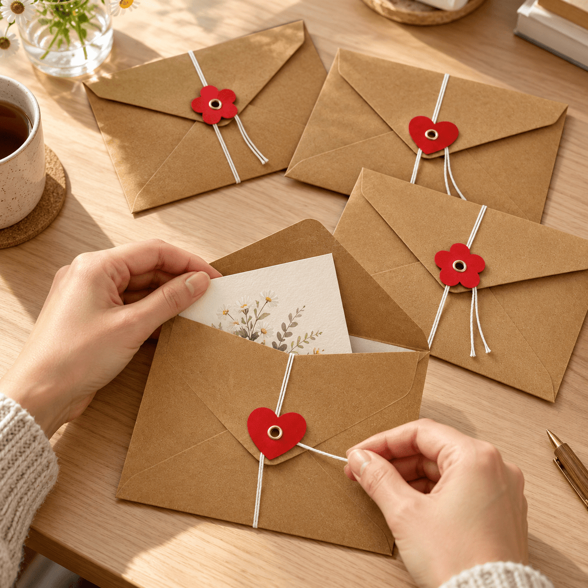 Plicuri cu șnur și închizătoare roșie inimă sau floare - kraft (set 20 buc) - CraftUp