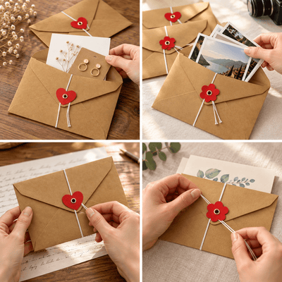 Plicuri cu șnur și închizătoare roșie inimă sau floare - kraft (set 20 buc) - CraftUp