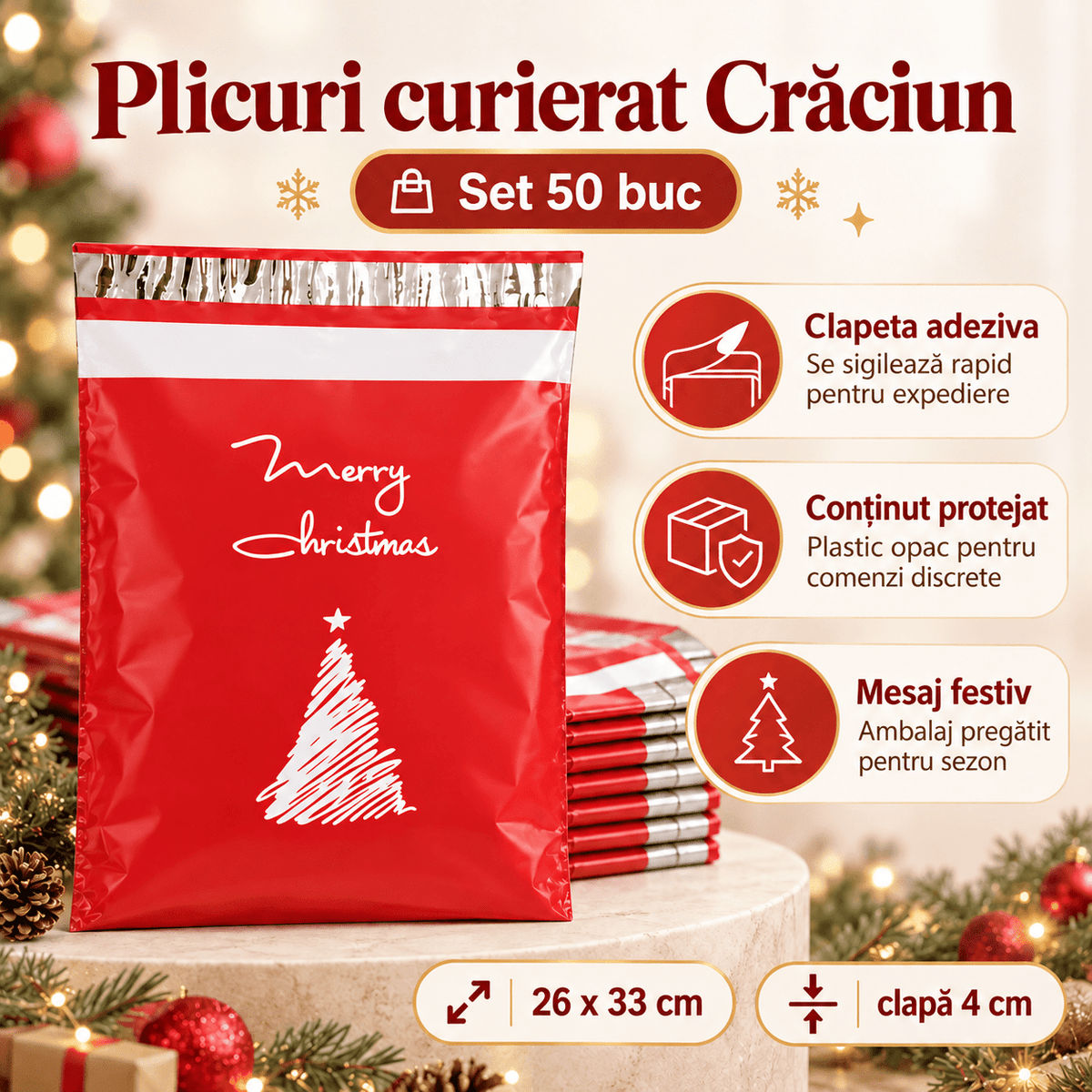 Plicuri curierat de Crăciun cu mesaj - roșu (set 50 buc) - CraftUp