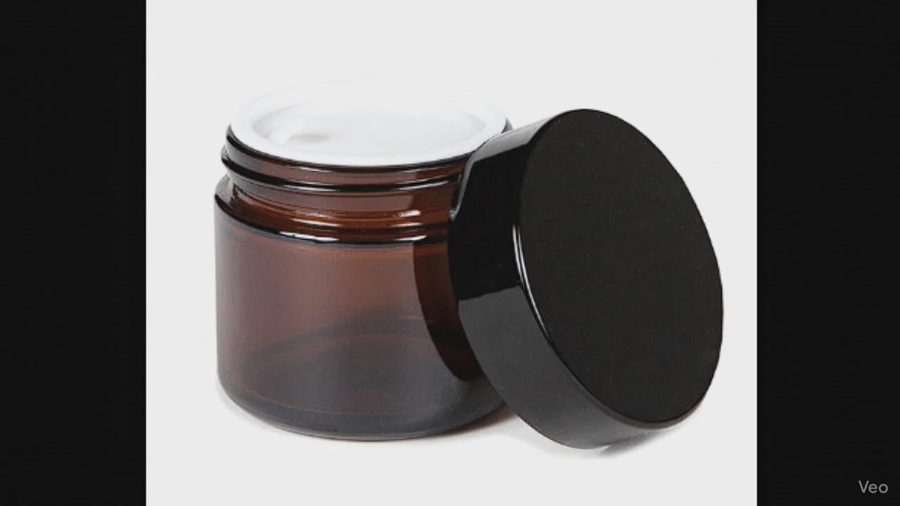 Încărcați videoclipul: Borcan rotund ambră cu capac negru 30ml