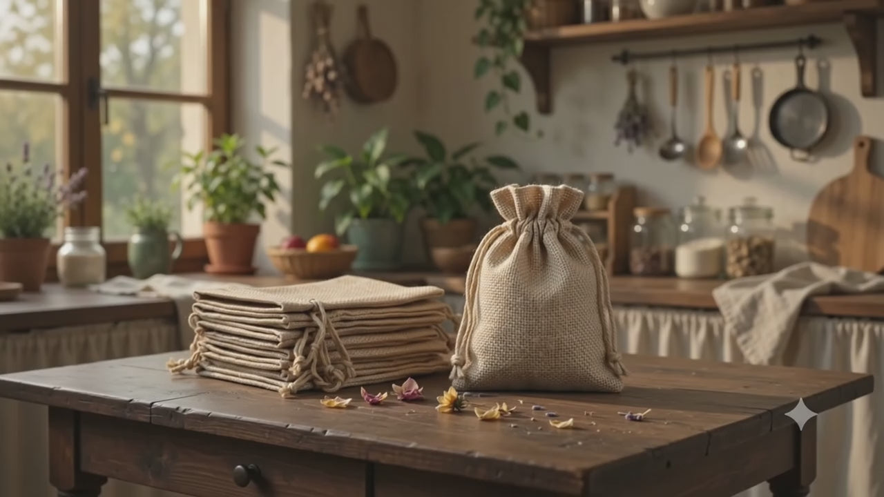 Săculeți țesătură sac cu sfoară 9x12cm (set 50 buc)