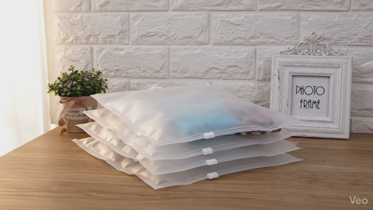 Încărcați videoclipul: Pungi mate reutilizabile cu închidere tip cursor (set 50 buc)