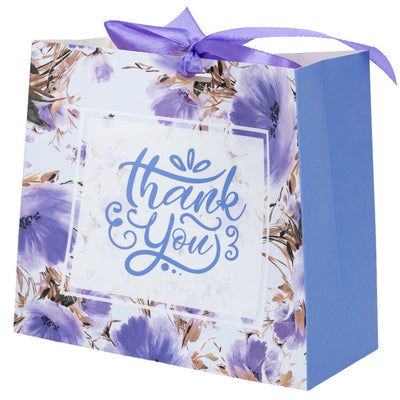 Pungă dreptunghiulară din hârtie Thank you cu model floral și panglică - mov (set 12 buc) - 16x14x7cm - CraftUp
