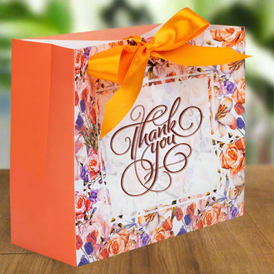Pungă dreptunghiulară din hârtie Thank you cu model floral și panglică - portocaliu (set 12 buc) - 16x14x7cm - CraftUp