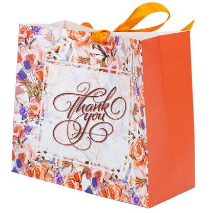Pungă dreptunghiulară din hârtie Thank you cu model floral și panglică - portocaliu (set 12 buc) - 16x14x7cm - CraftUp