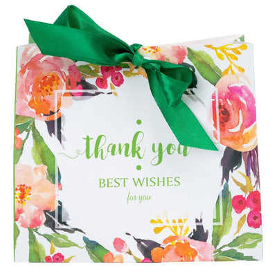 Pungă dreptunghiulară din hârtie Thank you cu model floral și panglică - verde (set 12 buc) - 16x14x7cm - CraftUp