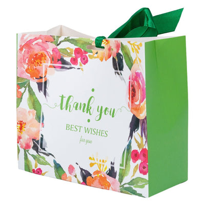 Pungă dreptunghiulară din hârtie Thank you cu model floral și panglică - verde (set 12 buc) - 16x14x7cm - CraftUp