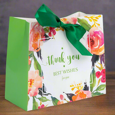 Pungă dreptunghiulară din hârtie Thank you cu model floral și panglică - verde (set 12 buc) - 16x14x7cm - CraftUp