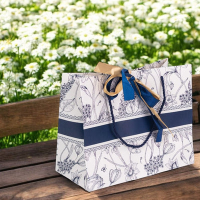 Pungă model floral cu 2 panglici colorate și mâner din sfoară - albastru (set 10 buc) 25x12x20cm - CraftUp