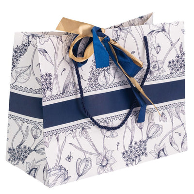 Pungă model floral cu 2 panglici colorate și mâner din sfoară - albastru (set 10 buc) 25x12x20cm - CraftUp