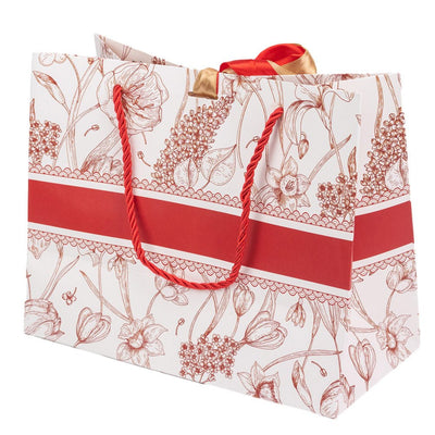 Pungă model floral cu 2 panglici colorate și mâner din sfoară - roșu (set 10 buc) 25x12x20cm - CraftUp