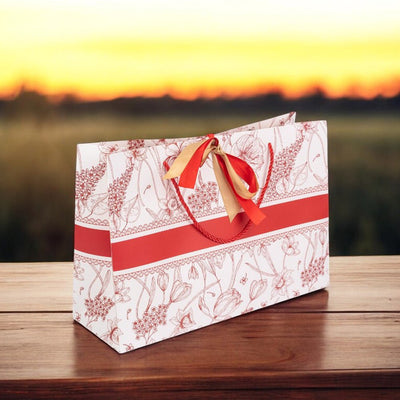 Pungă model floral cu 2 panglici colorate și mâner din sfoară - roșu (set 10 buc) 36x12x24cm - CraftUp