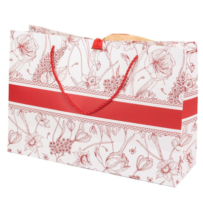 Pungă model floral cu 2 panglici colorate și mâner din sfoară - roșu (set 10 buc) 36x12x24cm - CraftUp