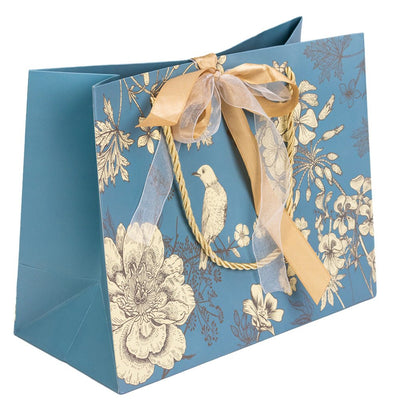 Pungă model floral cu 2 panglici colorate și mâner din sfoară - turcoaz (set 10 buc) 25x12x20cm - CraftUp