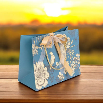 Pungă model floral cu 2 panglici colorate și mâner din sfoară - turcoaz (set 10 buc) 25x12x20cm - CraftUp